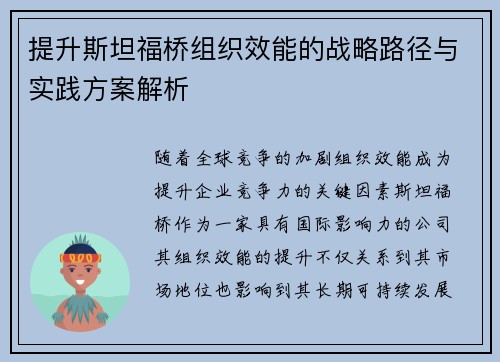 提升斯坦福桥组织效能的战略路径与实践方案解析