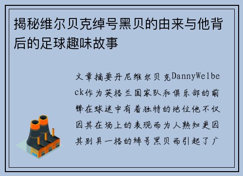 揭秘维尔贝克绰号黑贝的由来与他背后的足球趣味故事